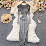 Autumn Winter Midi Dress Women O-Neck Long Sleeve Ribbed Knitted Dress Side Slit Night Club Party Sexy Bodycon Dress