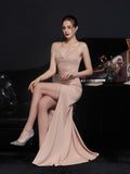 Sexy Backless Party Dress Sleeveless V Neck Prom Gowns Women Spaghetti Strap Split Cocktail Robes Taffeta Long Vestieos