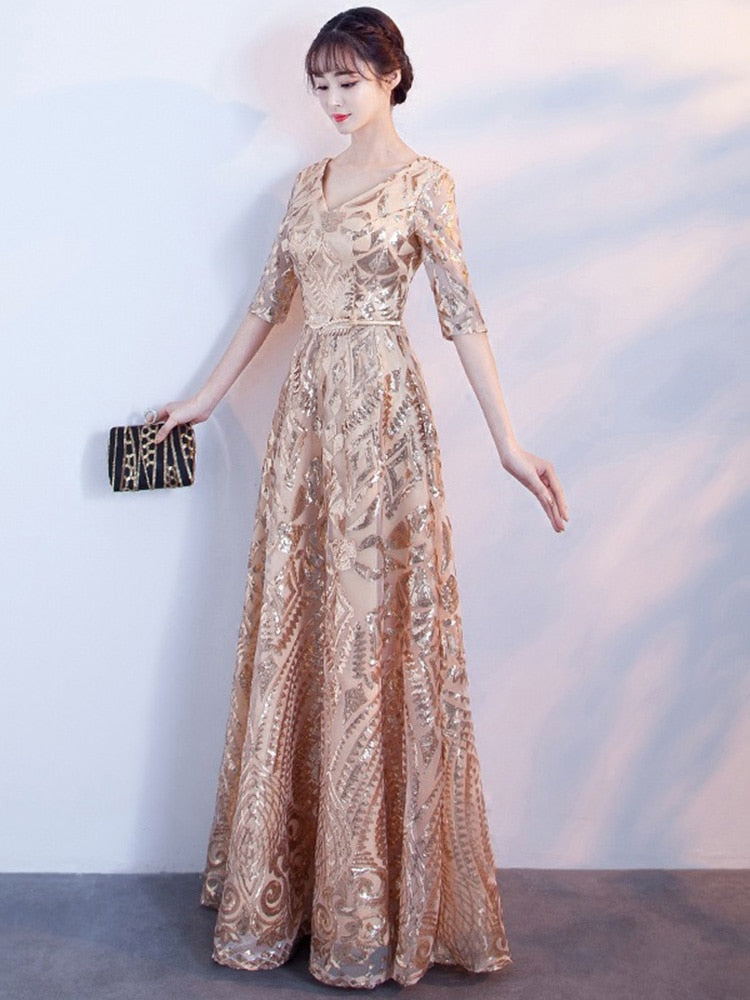 A-line Gold Prom Dresses Half-Sleeve V-Neck Elegant Homecoming Dresses Zipper Back Party Prom Gowns Sequins Flower Formal Robes