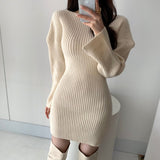 Fall Winter Elegant Warm Ribbed Knitted Bodycon Dress Round Neck Long Sleeve Solid Sexy Mini Dress