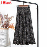 Women Chiffon Pleated Skirt Elastic High Waist Summer Print Casual Midi Long Skirt