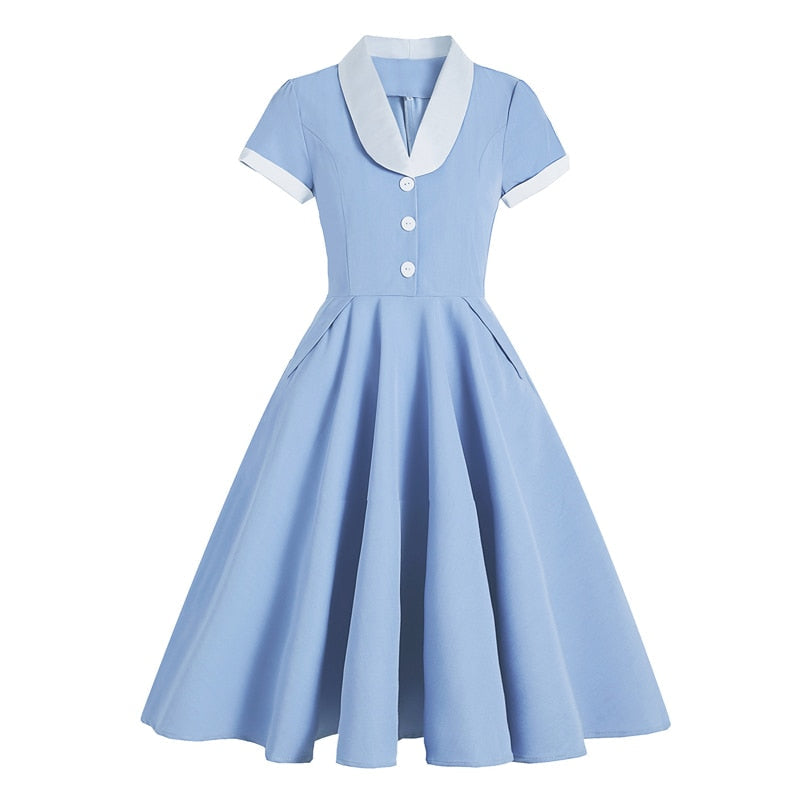 60s Summer Tunic Dresses Light Blue Contrast Collar Button Up Short Sleeve Women Pockets High Waist Vintage 50s Midi Swing Dress