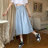 Women High Waist Wide Leg Pants Korean Style Solid Color Loose Ladies Calf-length Casual Pants