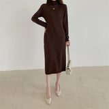 Winter Fall Long Sleeve Turtleneck Knitted Dress Solid Casual Chic Straight Elegant Midi Dress