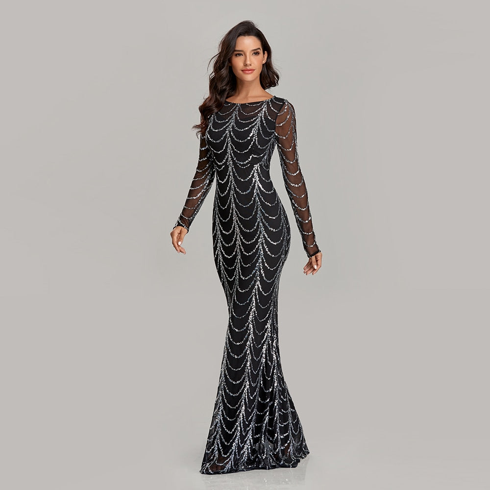Autumn Winter O-Neck Wave Sequins See Though Women Maxi Dresses Elegant Long Sleeve Female Party Dresses Black Silver Pink