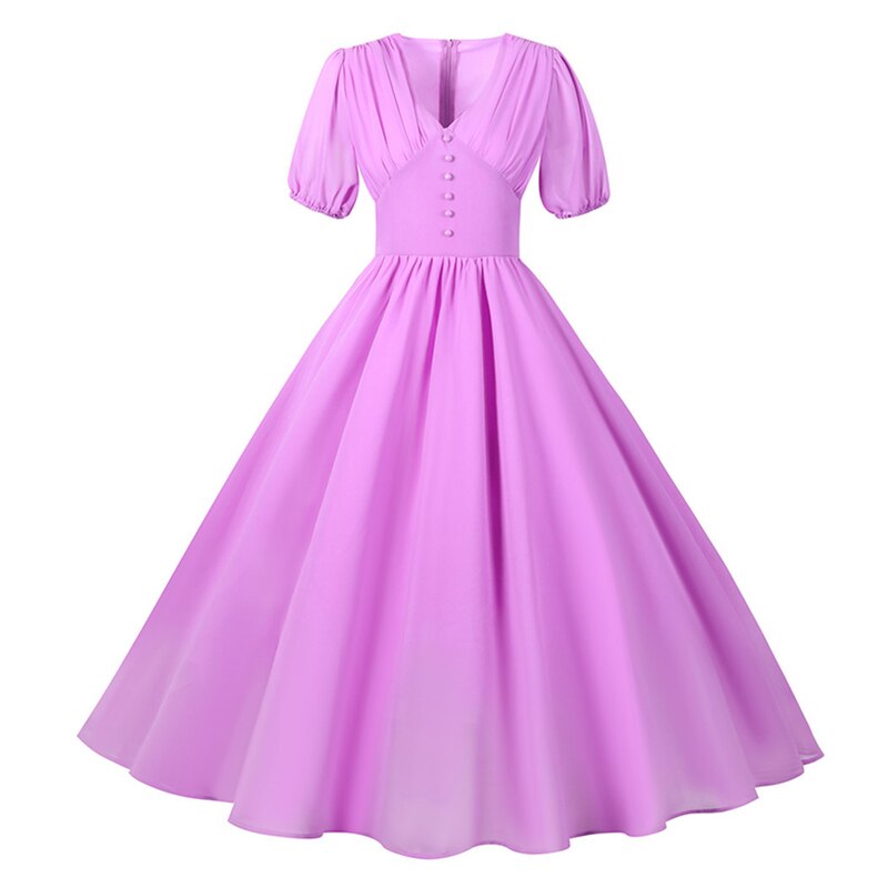 Lavender Ruched V-Neck Buttons Pleated Midi Chiffon Elegant Party High Waist Vintage Long Dress