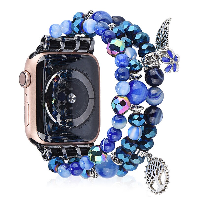 Fashion Women Beads Strap for Apple Watch Band Series 5 4 3 Jewelry Bracelet for IWatch 40/44/38/42mm Belt with Metal Steel Band