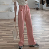Women High Waist Casual Denim Pants Korean Style Solid Color All-match Loose Straight Trousers