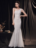 Elegant One Shoulder White Long Sequin Evening Dress Party Dress Wedding Wear