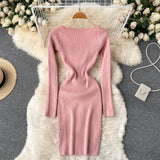 Autumn Winter Mini Dresses For Women Sweetheart Neck Long Sleeve Elegant Ribbed Knitted Dress Sexy Bodycon Dress