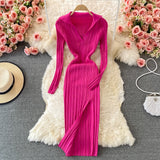 Winter Lapel Collared V Neck Ribbed Knitted Midi Dress Elegant Long Sleeve Side Slit Sexy Bodycon Dress