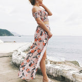 Summer Bohemian Beach Dress Women Casual Elegant Two-Piece Suit Chiffon Sexy Slash Neck Tops Floral Print Split Long Dress