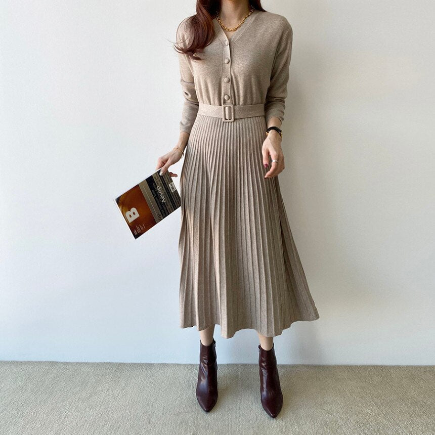 Women Autumn Winter Knitted Pleated Dress Office Elegant Chic V Neck Long Sleeve Midi Dress With Belt