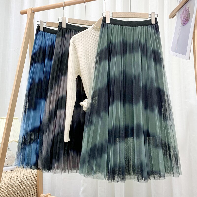 Tie Dye Print Mesh Tulle Skirt Streetwear High Waist Summer Women Midi Long Pleated Skirts