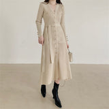 Long Sleeve Winter Chic Elegant V Neck Ribbed Knitted Dress Button Up Office Midi Dress With Belt