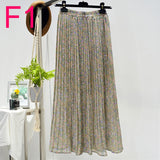 Summer New Vintage Floral Print Chiffon Pleated Skirt Elastic High Waist Casual Midi Skirt