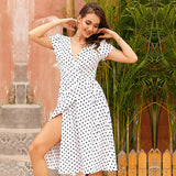 Summer Women Casual Bohemian Dress Polka Dot Printed Short Sleeve V Neck Office OL High Split Retro Vintage Beach Dresses