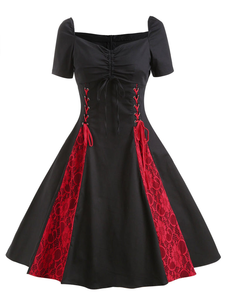 Gothic Women Lace Party Dress With Bow Red Black Retro Vintage Streetwear 50s 60s Swing Patchwork Casual Rockabilly Dresses