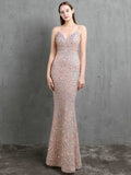 Sexy V-neck Long Sequin Evening Dress Strap Women Party Dress