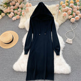 Autumn Winter Warm Hooded Long Sleeve Loose Casual Sweater Dress Ribbed Knitted Elegant Midi Dress