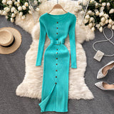 Women Elegant Long Sleeve Ribbed Sweater Dress With Belt Button Front Slit Sexy Knitted Bodycon Midi Dress