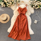 Women Party Vintage Elegant Belted Midi Dress V Neck Sleeveless Spaghetti Strap Sexy Satin Dress