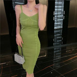 Women V Neck Sleeveless Spaghetti Strap Dress Sexy Night Club Party Knitted Bodycon Midi Dress Elegant