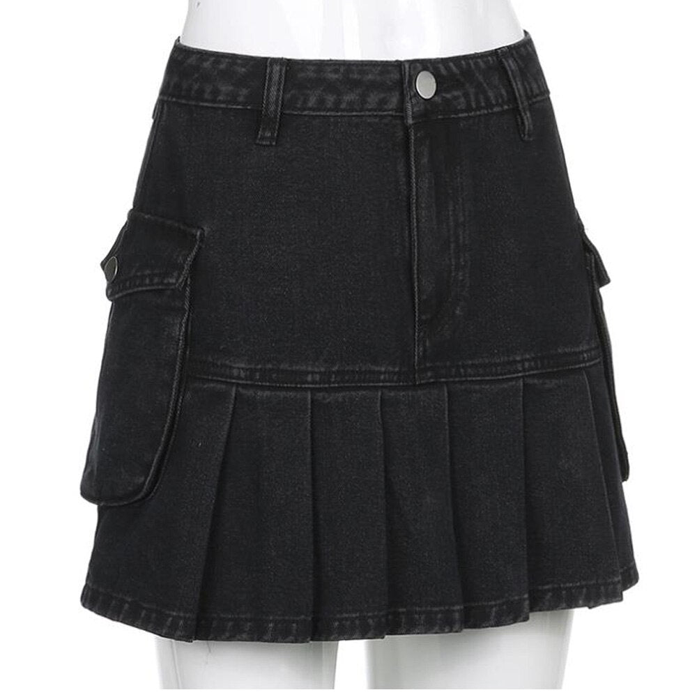 Gothic Denim Pleated Women Summer Harajuku Korean A Line Black Streetwear High Waist Jean Skirt