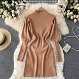 Autumn Winter Mini Dresses For Women Elegant Mock Neck Puff Sleeve Knitted Dress Solid Ribbed Sexy Bodycon Dress