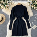 Autumn Winter Mini Dresses For Women Elegant Mock Neck Puff Sleeve Knitted Dress Solid Ribbed Sexy Bodycon Dress