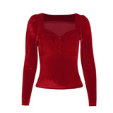 Red Elegant Sweetheart Neck Button Front Vintage T Shirt Puff Sleeve 2021 Women Clothes Velvet Blouse Slim Cropped Tops