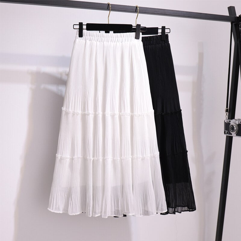 Elegant Frill Trim Chiffon Pleated Skirt Summer Elastic High Waist Solid Casual Midi Skirt
