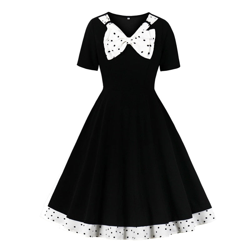Polka Dot Bow Neck Elegant 50s Vintage Style Women Pinup Dress Short Sleeve Spring Midi Dresses Party Retro Clothes