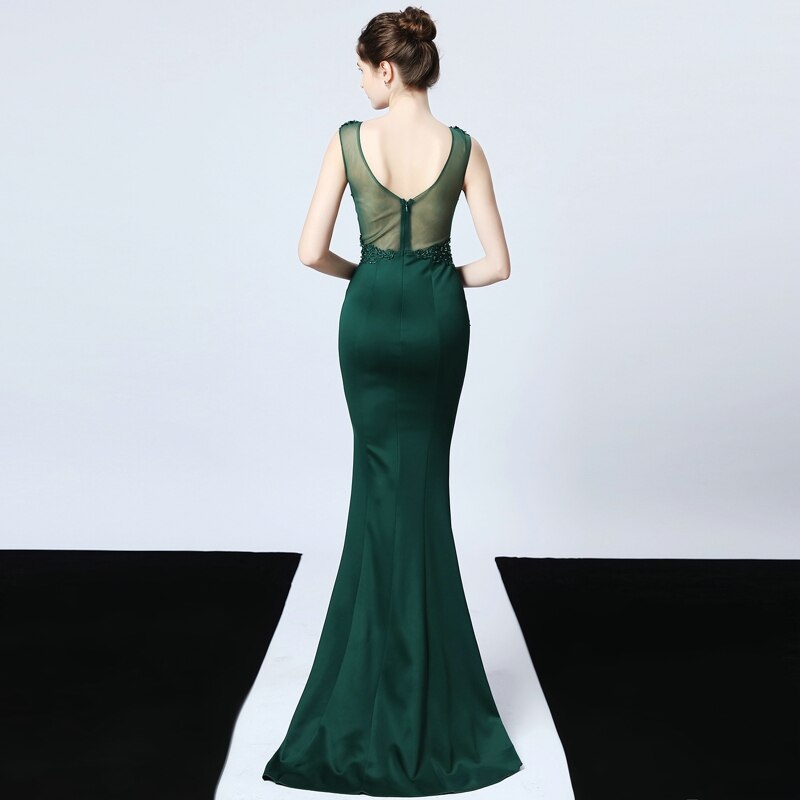 Green V-neck Appliques Beading Long Satin Evening Dress See-through Back Elegant Evening Party Dress