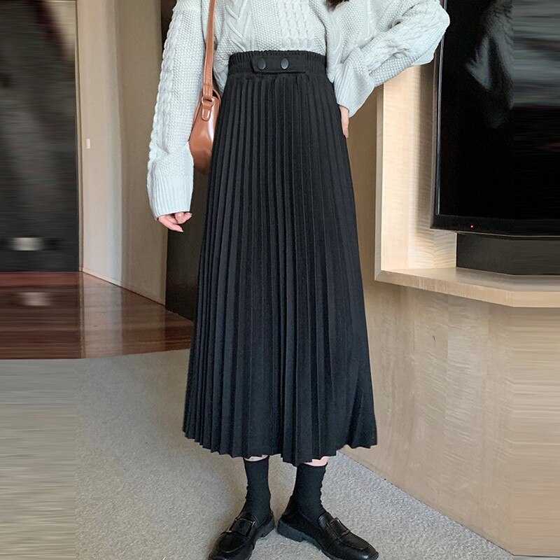 Ladies Elegant A-line Pleated Skirts Korean Style Vintage Woolen Women High Waist Long Skirt