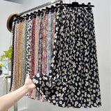 Summer New Vintage Floral Print Chiffon Pleated Skirt Elastic High Waist Casual Midi Skirt