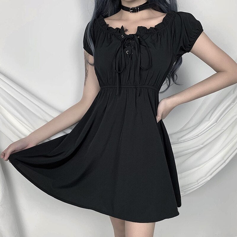 Black Off Shoulder Mini Dress Gothic Bandage High Waist Pleated Vestidos Harajuku Casual Short Sleeve Lace Up Punk Skater