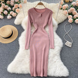 Elegant Ribbed Bodycon Midi Dress Winter Round Neck Long Sleeve Casual Knitted Sweater Dress