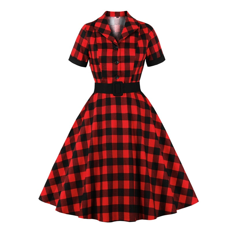 Gingham Vintage Dress Elegant Women Turn Down Collar Button Up Rockabilly 50s Style Red Plaid Cotton Dresses with Belt