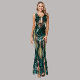 Plus Size Cocktail Long Sexy Mermaid V Neck Sleeveless Sequins Formal Party Dress