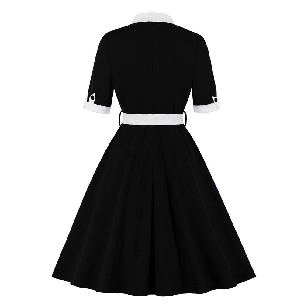 Black And White Women Half Sleeve Patchwork Robe Pin Up Swing Office Ladies Dresses