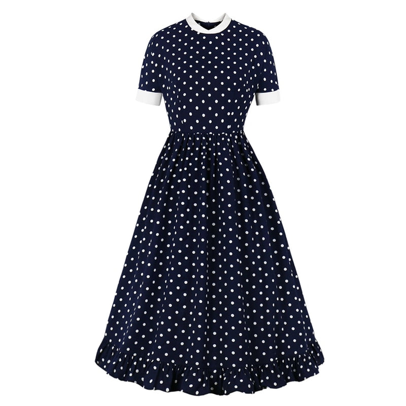 Short Sleeve Polka Dot Vintage 70s Summer Midi Dress High Waist Elegant Clothes for Women Ruffle Hem Long Dresses