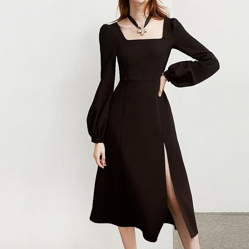 Spring Women Black Retro Split Dress Elegant Midi Designer Dress Female Long Sleeve Hepburn Style Chiffon Vintage Dress