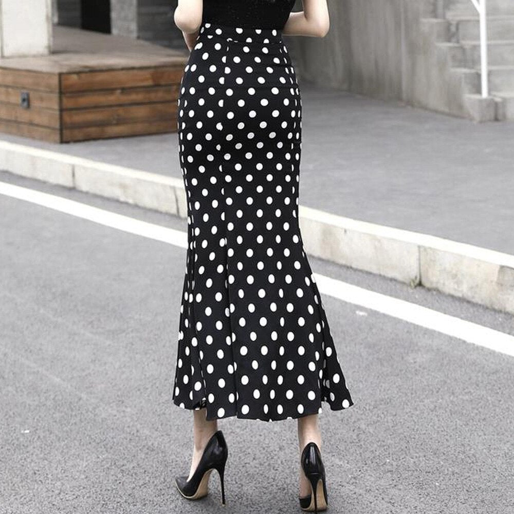 Vintage Polka Dot Trumpet Chiffon Long Summer Women Korean Streetwear Ladies High Waist Skirt