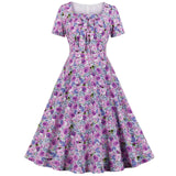 Bohemian Beach Floral Women Casual Party Dress With Bow Short Sleeve 50s 60s Big Swing Rocakbilly Pin Up Vintage Sundress