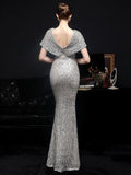 Elegant Evening Dress New Women Sliver Sequin Dress V Neck Beaded Party Maxi Dress