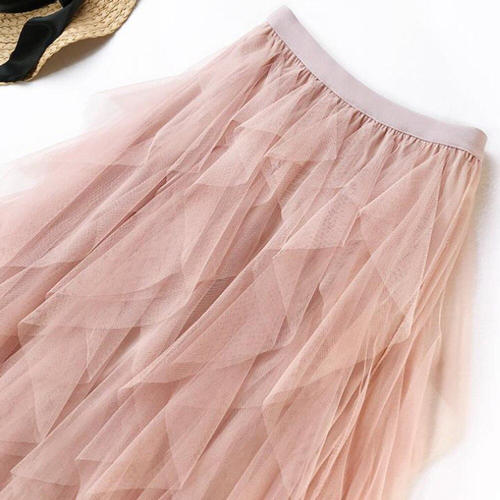Vintage Boho Tulle Summer Long Maxi Pleated Skirt Elastic High Waist Ruffle A-line Skirt