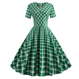 Green Plaid V Neck High Waist Slim 50S Vintage Pinup Elegant Short Sleeve Party Summer Dress