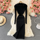 Winter Lapel Collared V Neck Ribbed Knitted Midi Dress Elegant Long Sleeve Side Slit Sexy Bodycon Dress