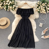 Women Solid Color Casual Chiffon Dress Elegant Double Ruffle Sexy Off Shoulder Dress Summer Clothes Sundress